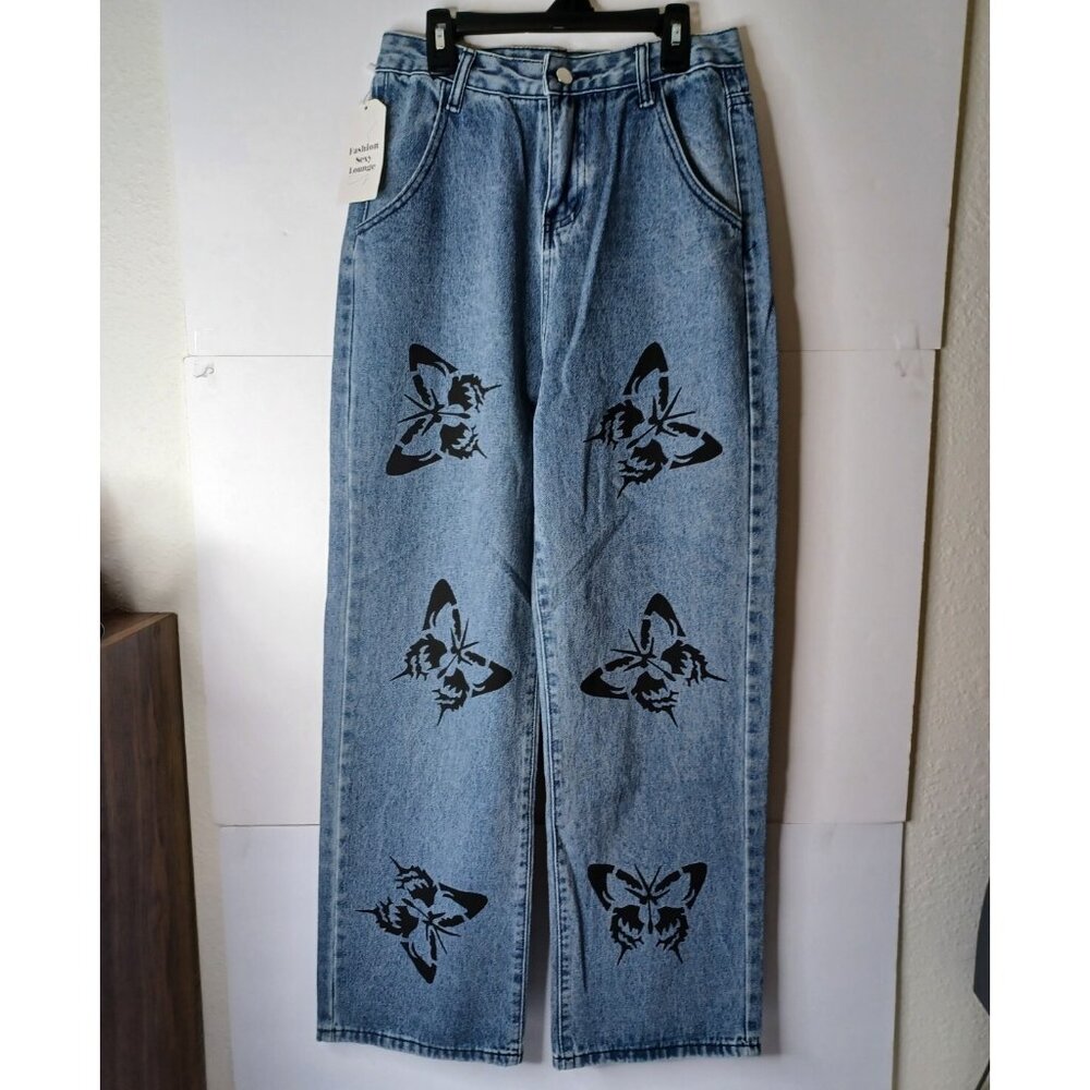 Fashion Sexy Lounge Size Medium / 28X29 blue and black butterfly jeans - Picture 1 of 7